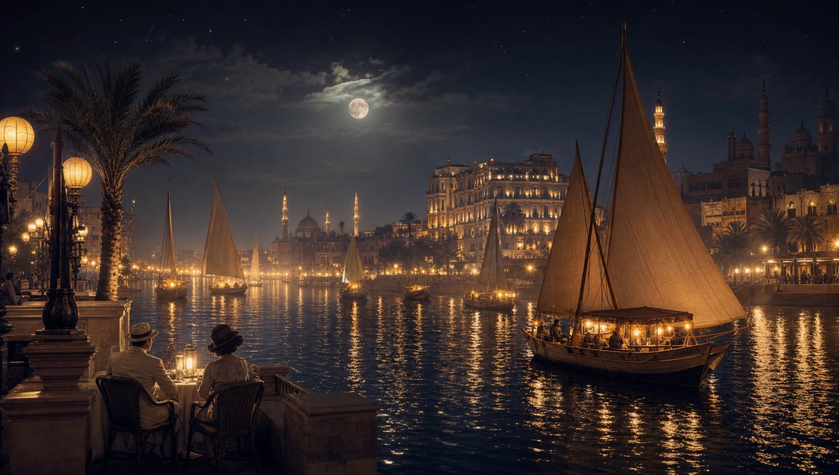 Moonlit feluccas drift on Nile's dark water in Cairo 1930