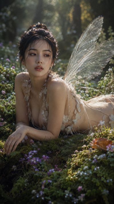 Ethereal Fae Woman With Insect Wings Resting On Dewy Moss