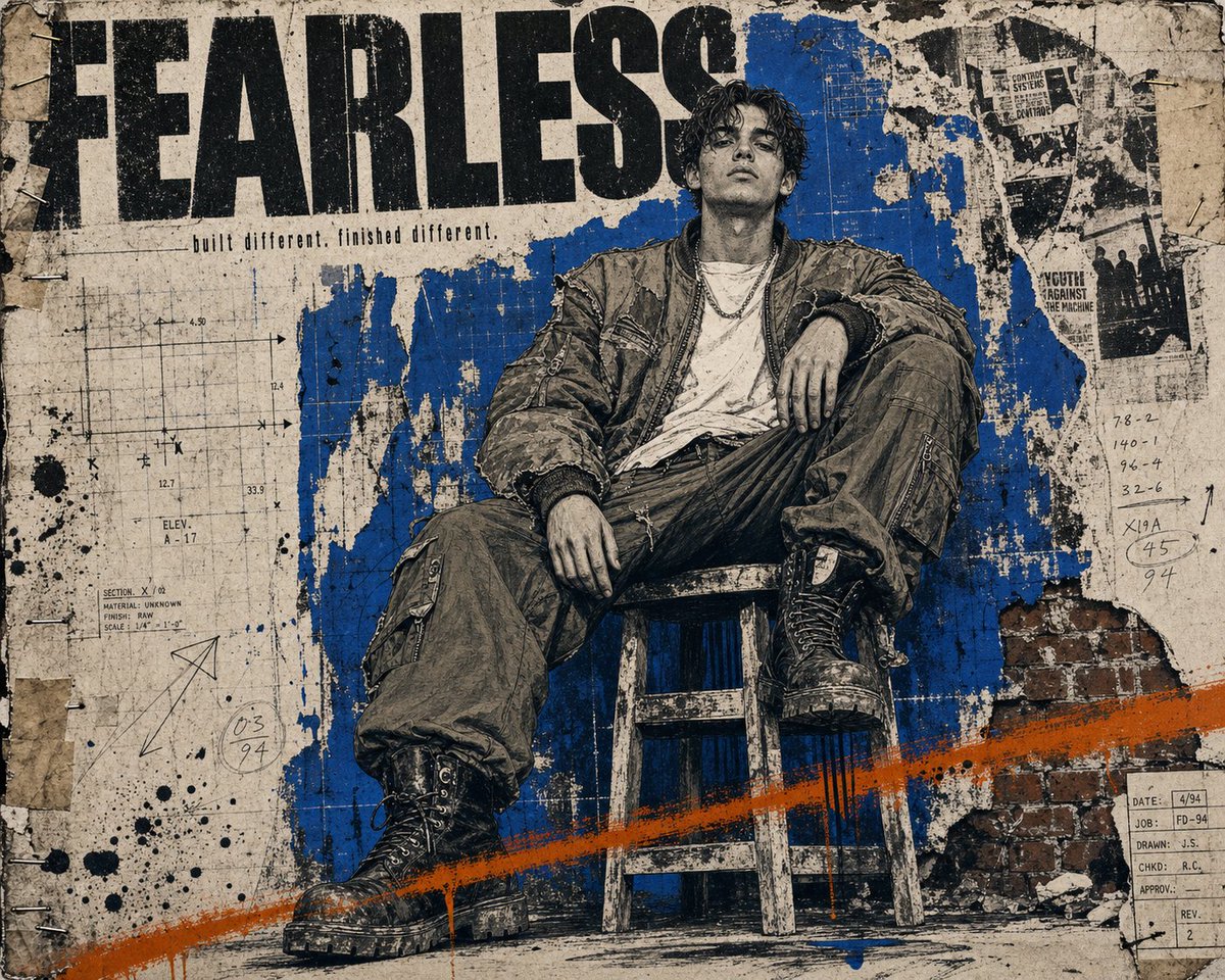 Fearless young man in bomber jacket dominates torn poster wall