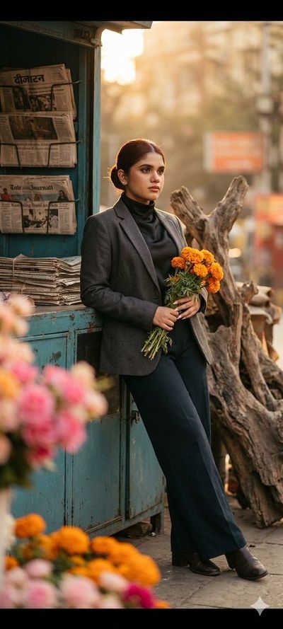 Woman with wind-blown hair holds marigolds at vintage newsstand