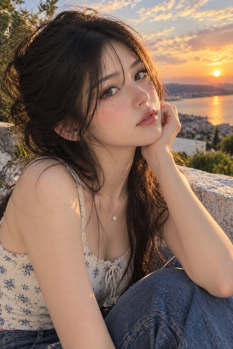 Golden hour portrait of an East Asian woman on a coastal terrace