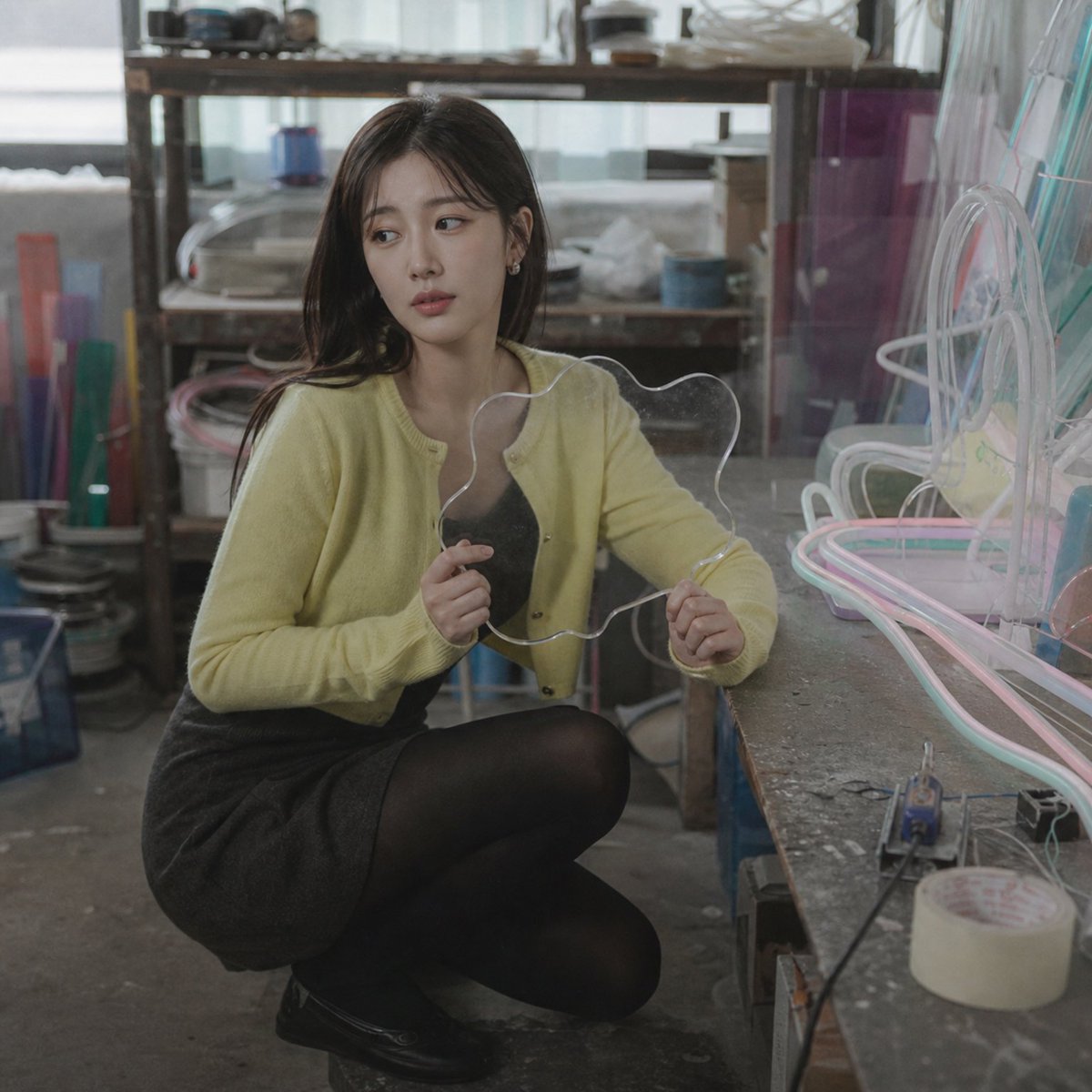 A K-pop idol kneels in a dusty neon workshop holding acrylic
