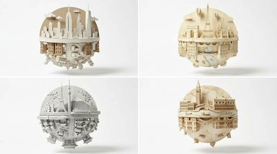Papercraft planet of Paris floats with Eiffel Tower skyline