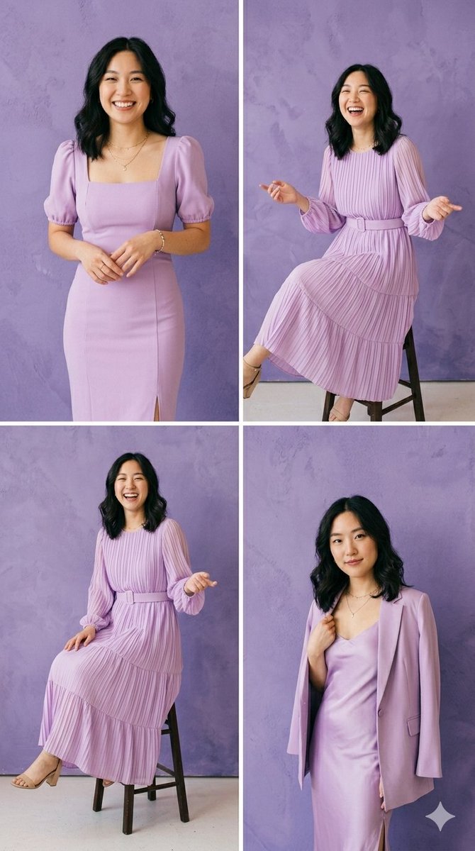 East Asian woman poses in three lilac outfits on textured lavender background
