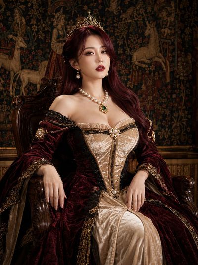 A regal noblewoman in burgundy velvet poses with calm confidence