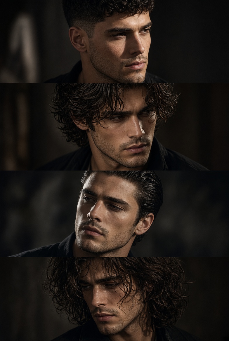 Four-panel collage shows handsome man with evolving hairstyles in moody light