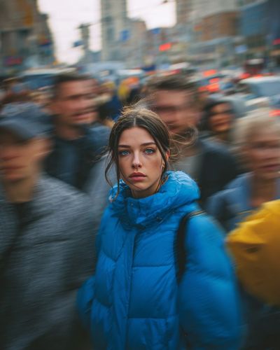 Frozen in Motion: Urban Portraits of a Young Woman in a Blue Puffer Jacket