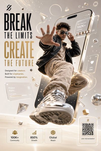 A dynamic creator leaps from a floating smartphone into reality