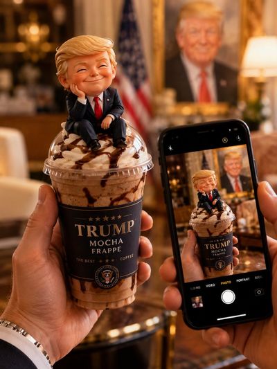 A chibi boy sits on a mocha cup held by a man