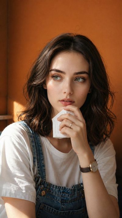 A young woman in denim overalls holds paper near her lips