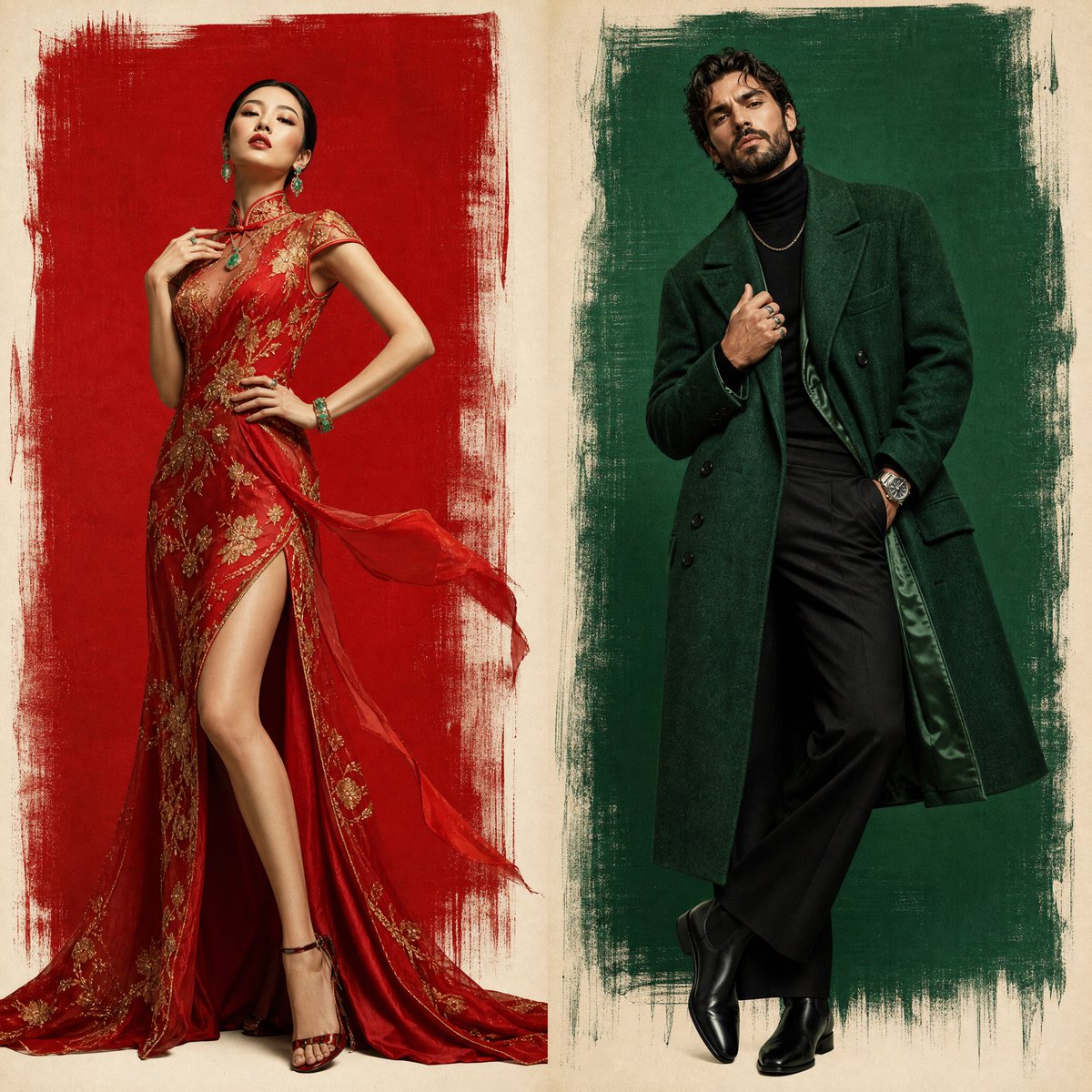 Luxury Fashion Poster Showcasing East Asian Elegance and Modern Masculinity