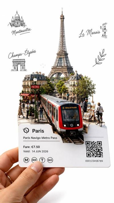 A hand holds a white transit pass as Paris emerges