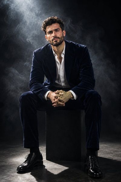 Elegant Man in Velvet Suit Poses with Confident Grace in Dark Studio