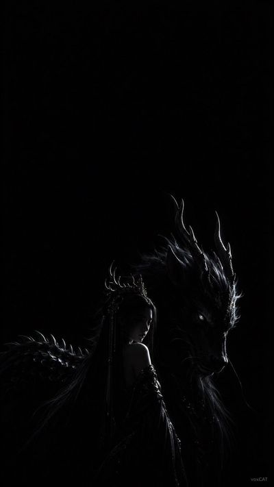 Low-key portrait reveals female warrior with mythical beast in black void