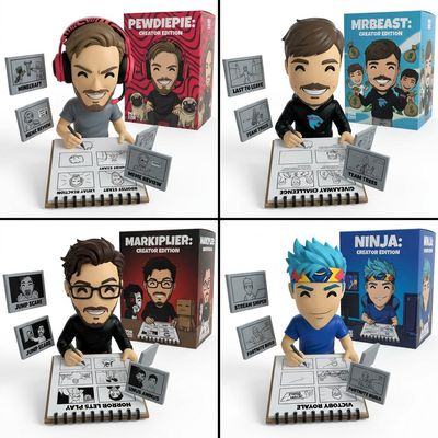 Four YouTubers appear in a premium cel-shaded diorama set
