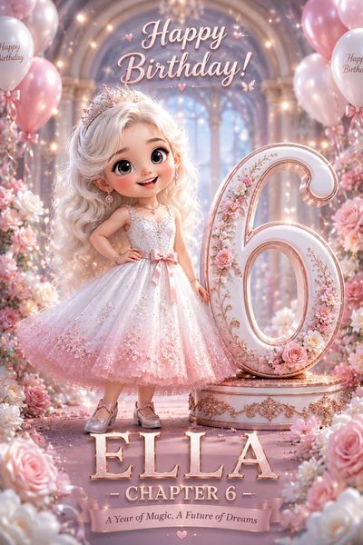 Chibi child with puffed cheeks stands beside giant glossy number