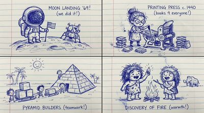 A ballpoint pen doodle of moon landing in a notebook