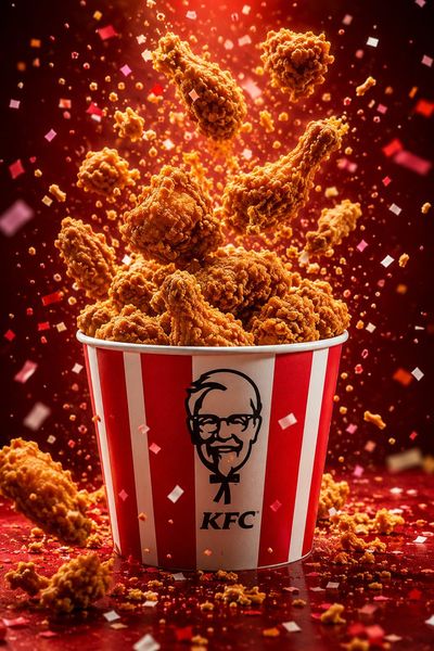 Golden crispy chicken pieces explode upward from a red bucket