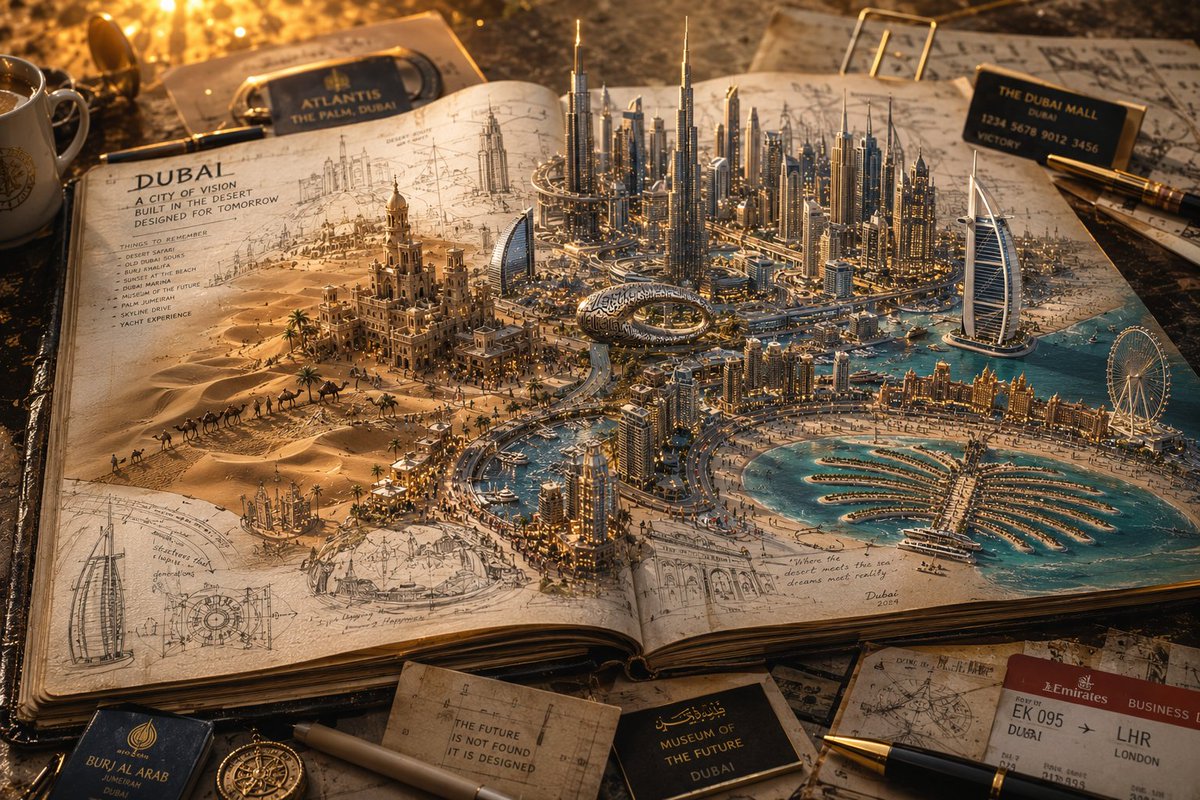 A country emerges from a traveler's sketchbook on a wooden desk