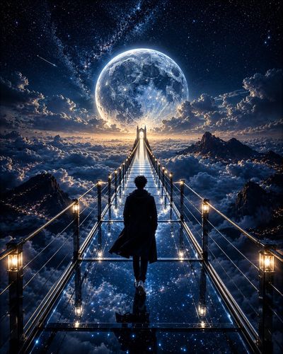 A lone traveler crosses a glowing glass bridge above clouds.