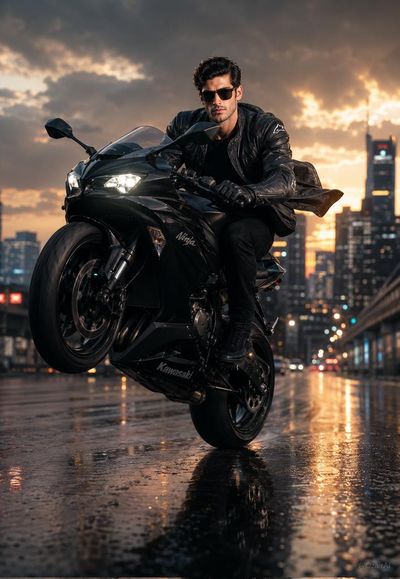 Biker performs a perfect wheelie at golden hour in city
