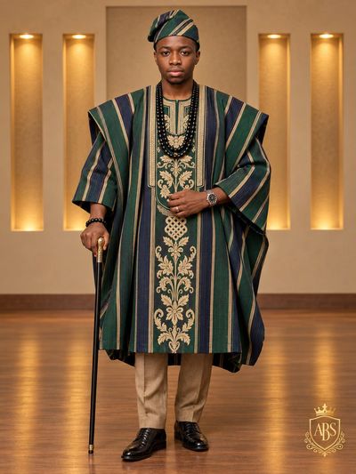 Elegant African Man Poses in Luxurious Yoruba Attire in Minimalist Studio