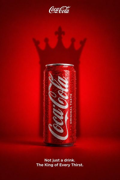 A chilled Coca-Cola can casts a royal shadow on red backdrop
