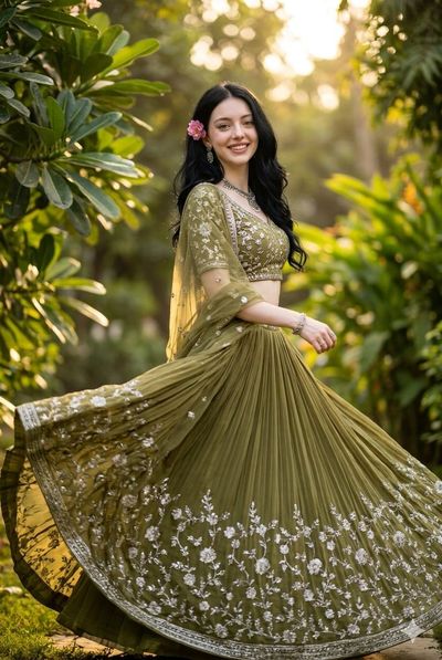 Indian woman in olive green lehenga twirls in sunlit garden