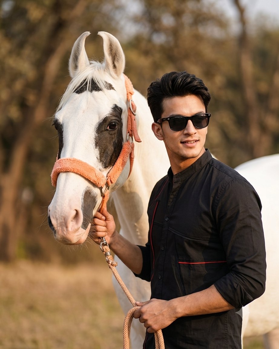 A man in black sunglasses gently leads a white horse in warm daylight