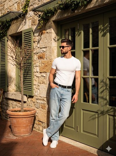 Young man in white t-shirt leans against olive door frame