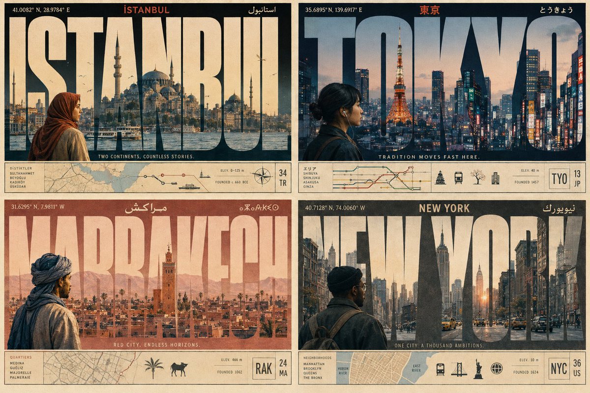 Bold city typography merges with skyline landmarks in a poster