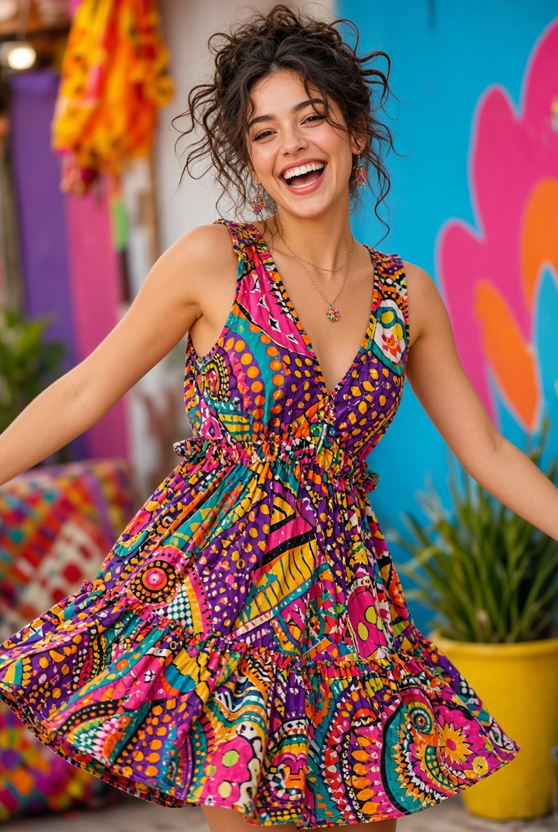 Joyful Woman in Bohemian Dress Laughs Under Bright Tropical Colors