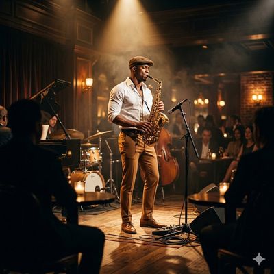 Jazz saxophonist performs under dramatic spotlight in smoky club