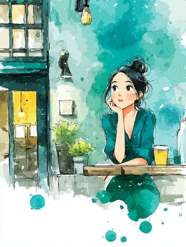 A woman in a green cardigan daydreams over coffee at a café