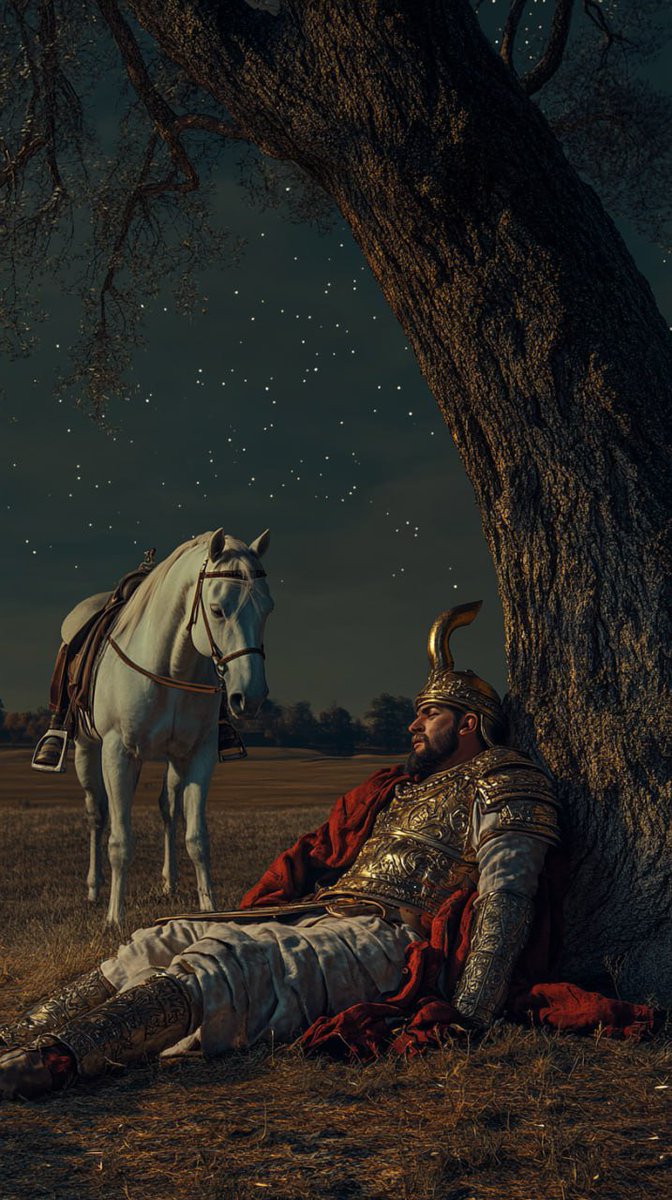 A Persian general sleeps beneath a tree under moonlight sky