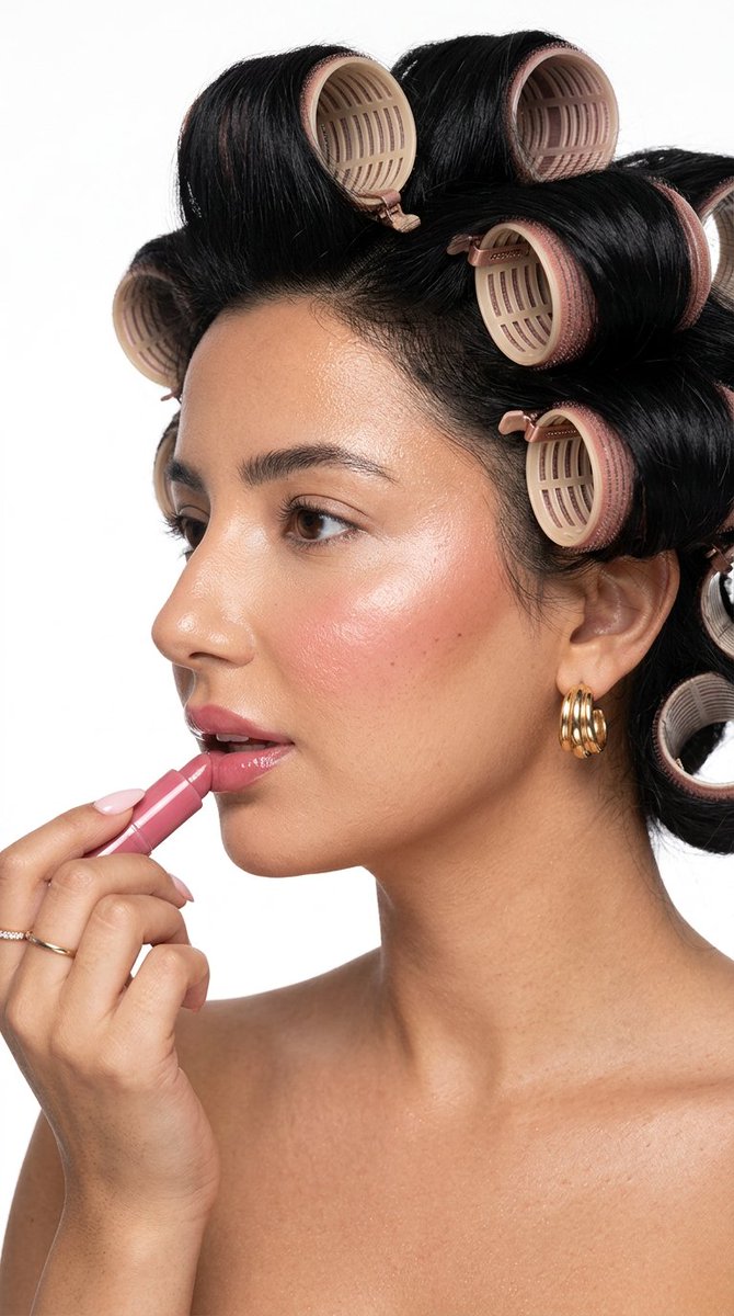 A woman applies pink lipstick while wearing hair rollers