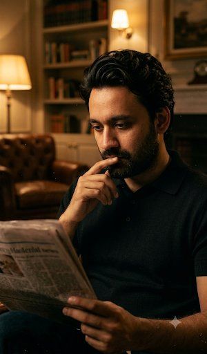A young man sits in a dim room reading a newspaper contemplatively