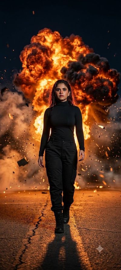 Confident Woman Walks Away From Massive Explosion In Slow Motion