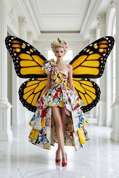 A model poses in a pop art dress with monarch butterfly wings
