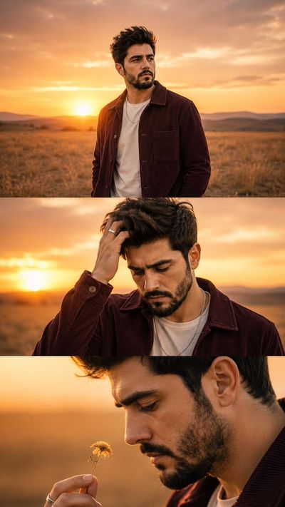 A man in a maroon jacket reflects in golden hour field