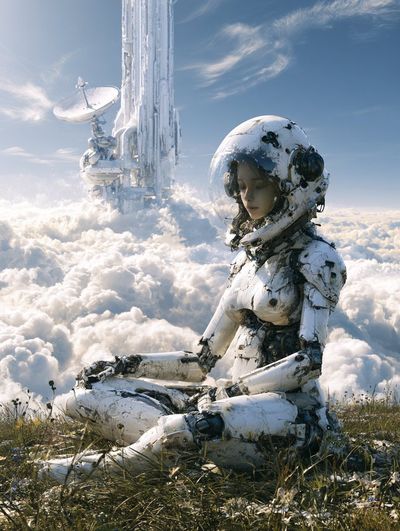 A weathered white robot sits quietly in a flower field