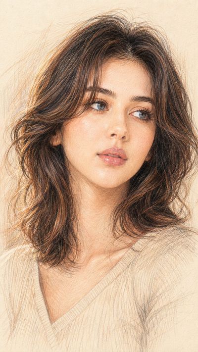 Young woman gazes dreamily in soft colored-pencil portrait
