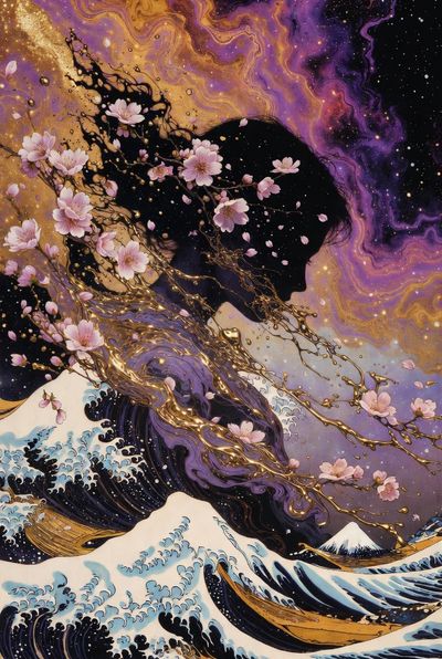 Ethereal Ukiyo-e Girl Melting into Cosmic Ink and Cherry Blossoms