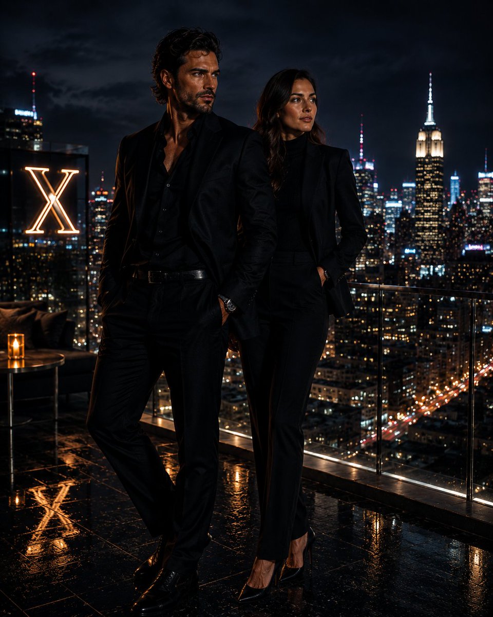 A rugged man and an elegant woman command a luxury skyscraper rooftop at night.
