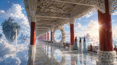 Three women in hanfu gaze from a jade corridor above clouds