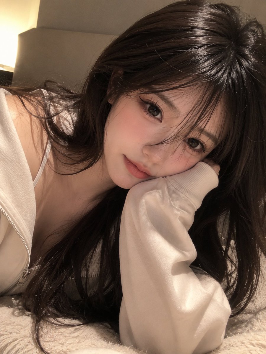 Young woman rests her cheek in a cozy cream hoodie sleeve