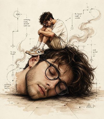 A sad man sits curled atop his own giant sleeping head