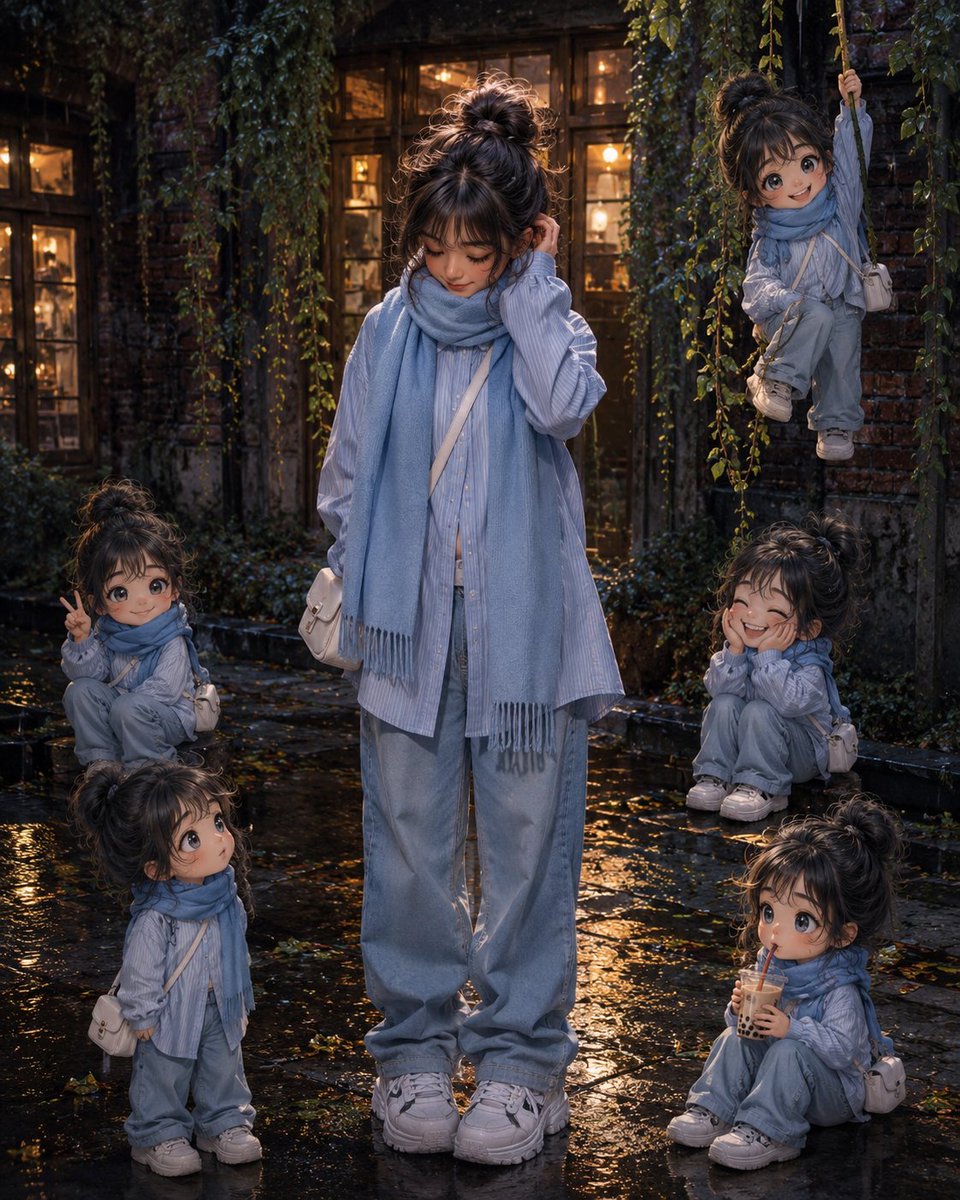 A shy girl stands in rain surrounded by her playful mini selves