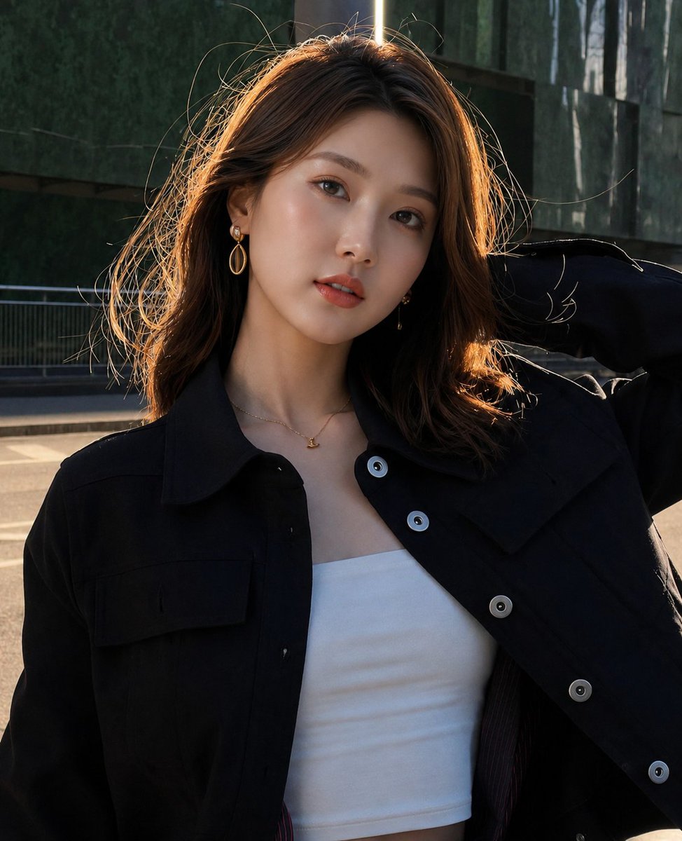East Asian woman leans against railing in golden hour fashion portrait