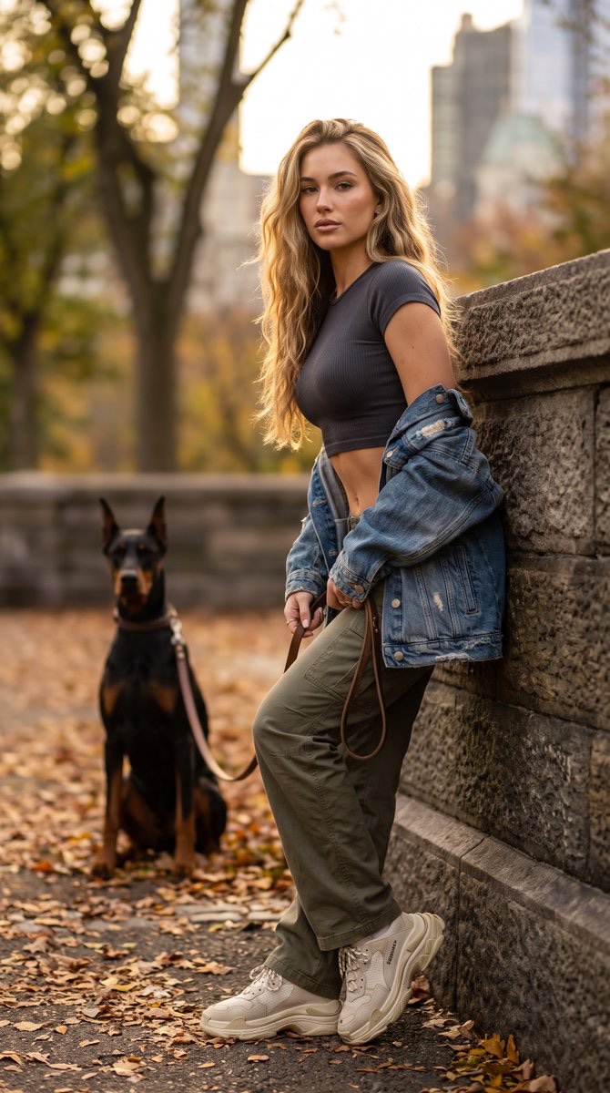 Golden hour casts warm light on woman leaning against stone wall